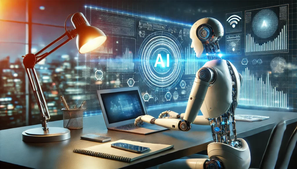 Image générée par l'ia montrant un Robot rédiger un article de blog