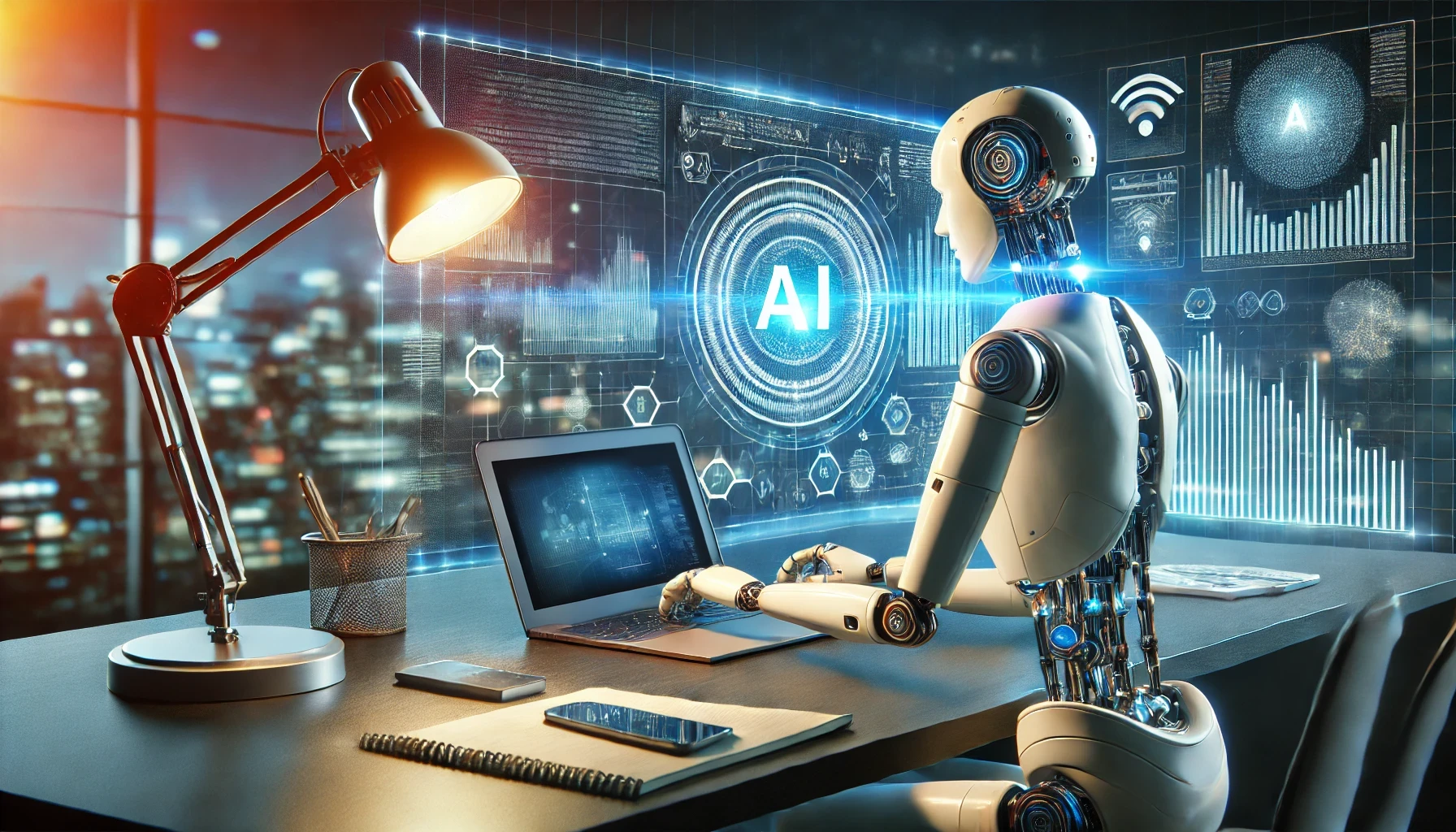 Image générée par l'ia montrant un Robot rédiger un article de blog